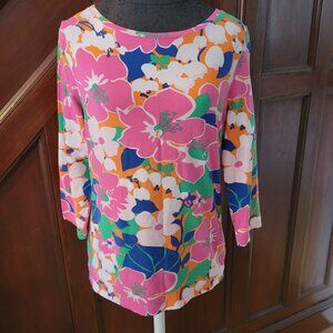 Talbots Womens Floral Print Top L 3/4 Sleeve Cotton/Spandex Multicolor